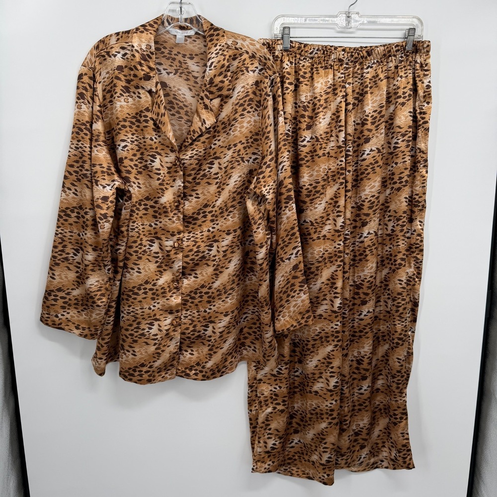 Cacique Pajamas Top Pants Set Size 18 20 Leopard Print Satin Mob Wife Hollywood